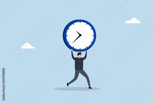Steal time, burglar thief stealing time clock and run away.