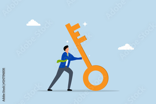 Business key success, entrepreneur exerts great strength on large golden key to resolve issue. 