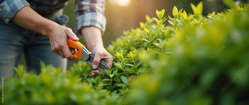 Fototapeta premium Experienced landscaper carefully trimming a lush green shrub with sharp garden shears, maintaining a well-manicured outdoor space.