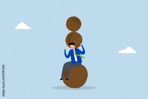 Burden, businessman thinking with heavy burden boulder rock.