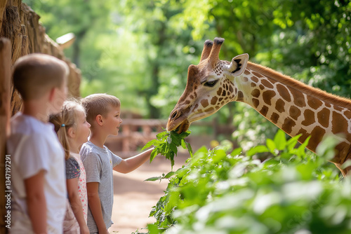 Fototapeta Naklejka Na Ścianę i Meble -  Kids enjoy feeding a giraffe at the zoo during a sunny day