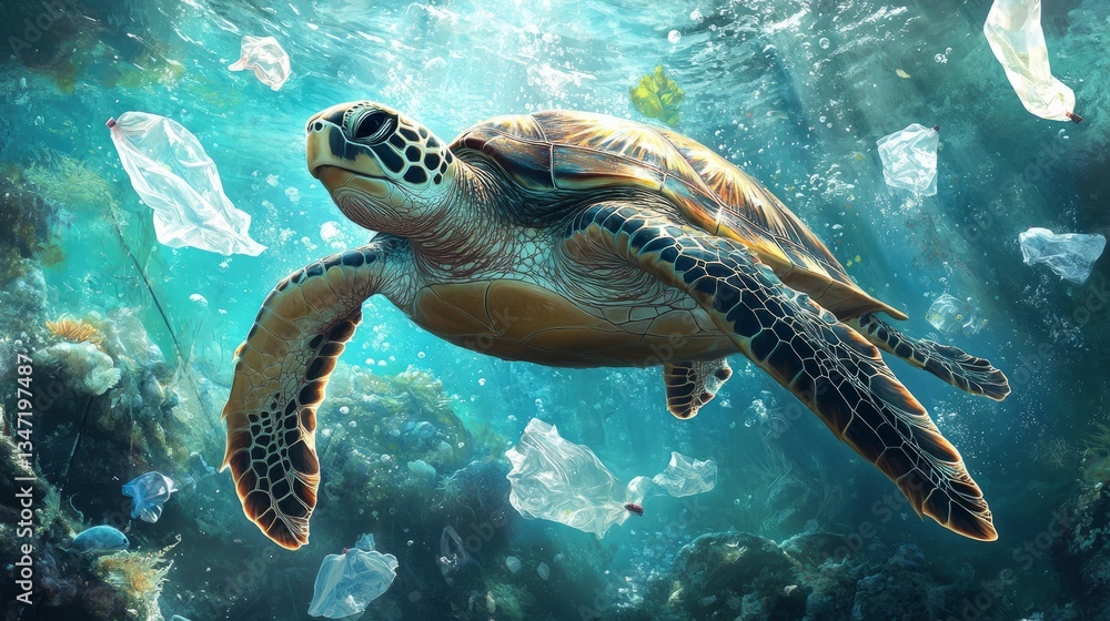Obraz premium A sea turtle swimming through floating trash, plastic bags trailing behind 