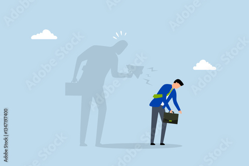 Self criticism, dejected entrepreneur casts shadow of self-accusation using megaphone.