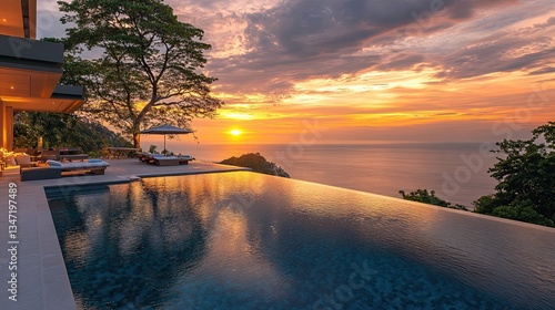 Modern luxury villa with infinity pool overlooking the ocean at sunset, aspirational travel and real estate concept for premium lifestyle visuals 