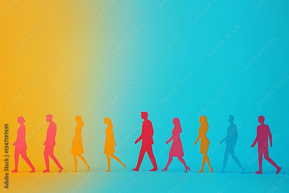 Colorful Paper People Walking in Row Connection Concept Colorful Paper People Walking in Row Connection Concept