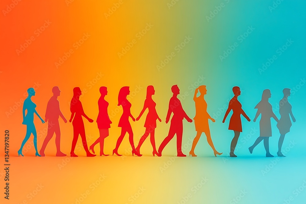 Colorful Paper People Walking Together in Progression Colorful Paper People Walking Together in Progression