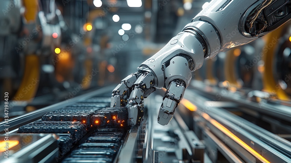 Close-up of robotic arm placing items on conveyor belt, high-tech automation, photorealistic Close-up of robotic arm placing items on conveyor belt, high-tech automation, photorealistic
