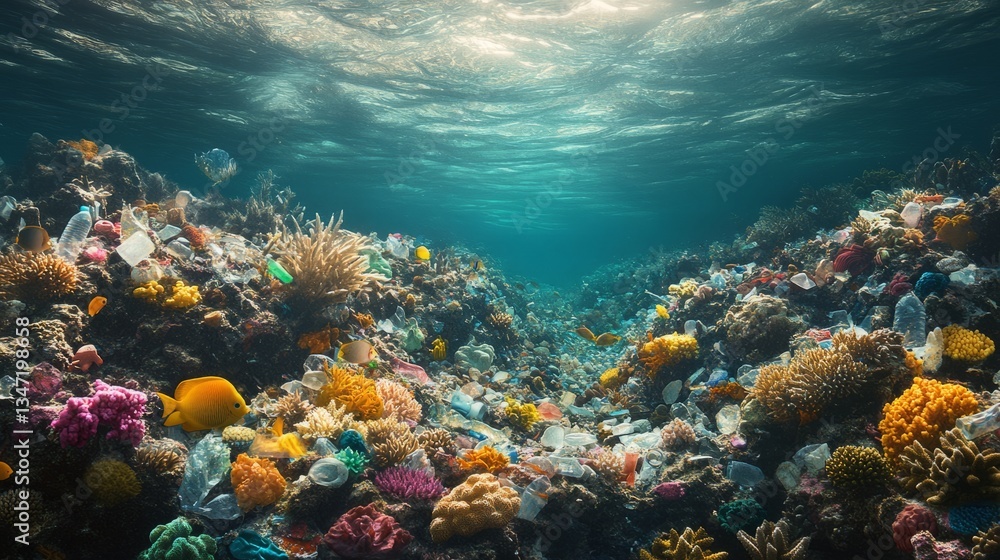 Naklejka premium An underwater landscape of colorful coral, littered with plastic waste