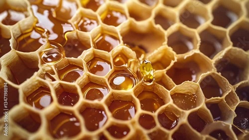Golden Honeycomb: A close-up of a honeycomb, filled with glistening, golden honey, showcasing nature's perfect architecture and the sweet rewards of the hive.