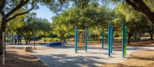 Outdoor Fitness Area and Playground in a Shady Park
