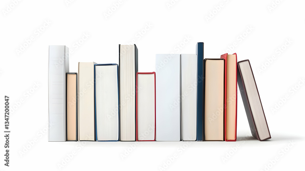 Fototapeta premium Assortment Of Various Sized Books Arranged In A Row On White Background With Shadow