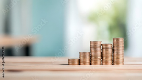 Coin Stack Ascent: A visual representation of financial growth and accumulation, with stacks of gold coins rising in height on a wooden table, symbolizing progress and prosperity.