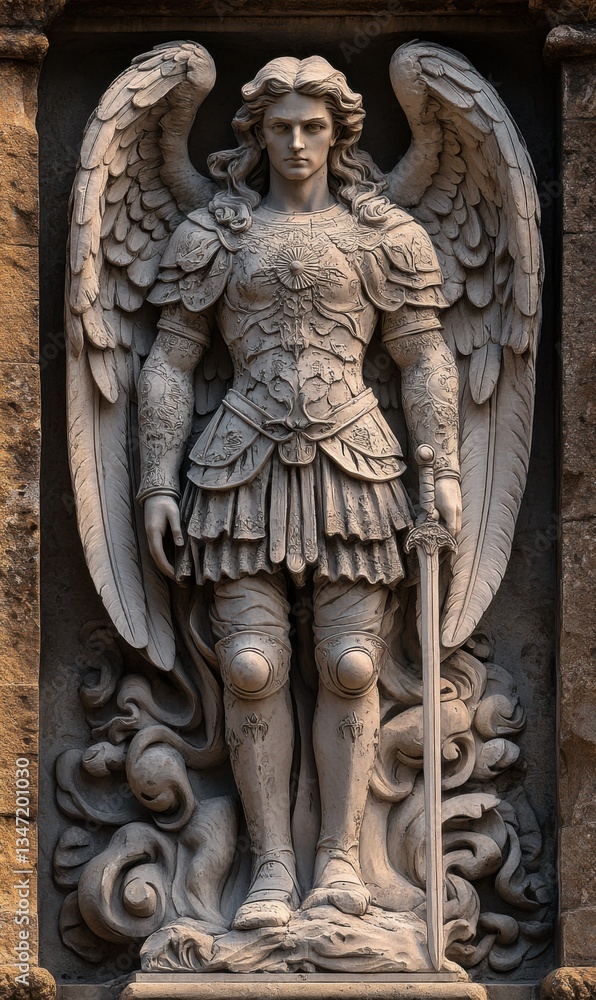 Statue of a powerful angelic figure with intricate armor and wings Statue of a powerful angelic figure with intricate armor and wings