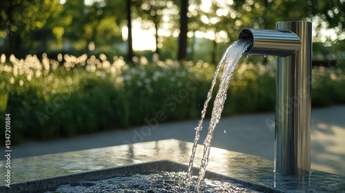 A sleek, modern water bottle refill station in an urban park, with clear water flowing into reusable bottles, vibrant greenery in the background, featuring ultra-detailed textures and an eco-friendly