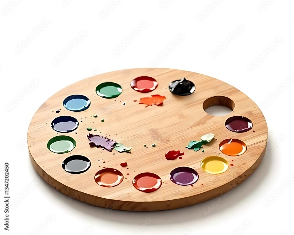Wooden art palette with blobs of paint and a brushes on white background Wooden art palette with blobs of paint and a brushes on white background