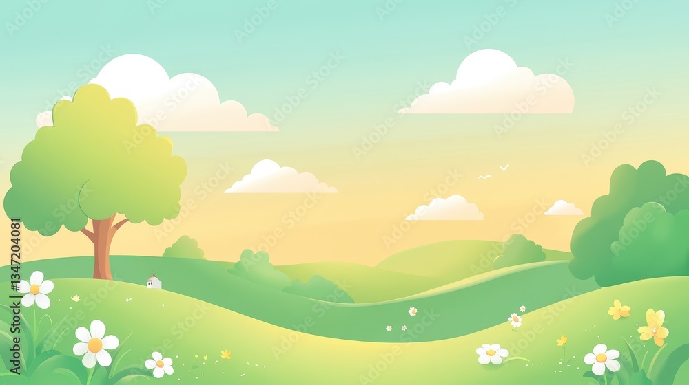 Spring Meadow Sunrise Landscape with Rolling Hills, and Green Valley. Spring Meadow Sunrise Landscape with Rolling Hills, and Green Valley.