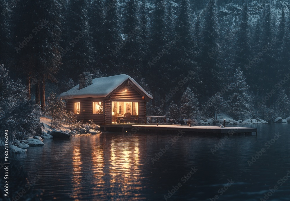 Fototapeta premium Snowy cabin by lake at night