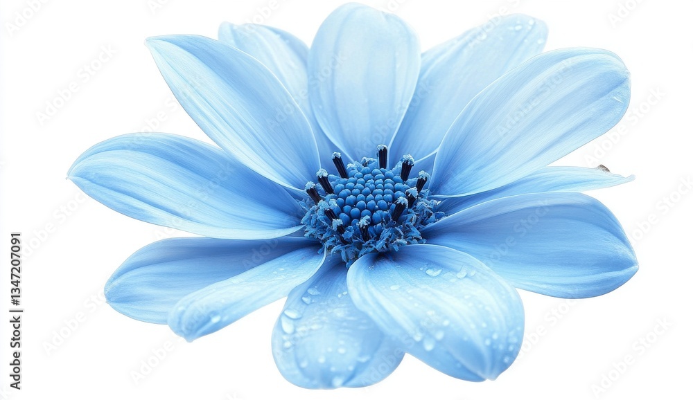 Obraz premium Light Blue Flower with Water Droplets on White Background