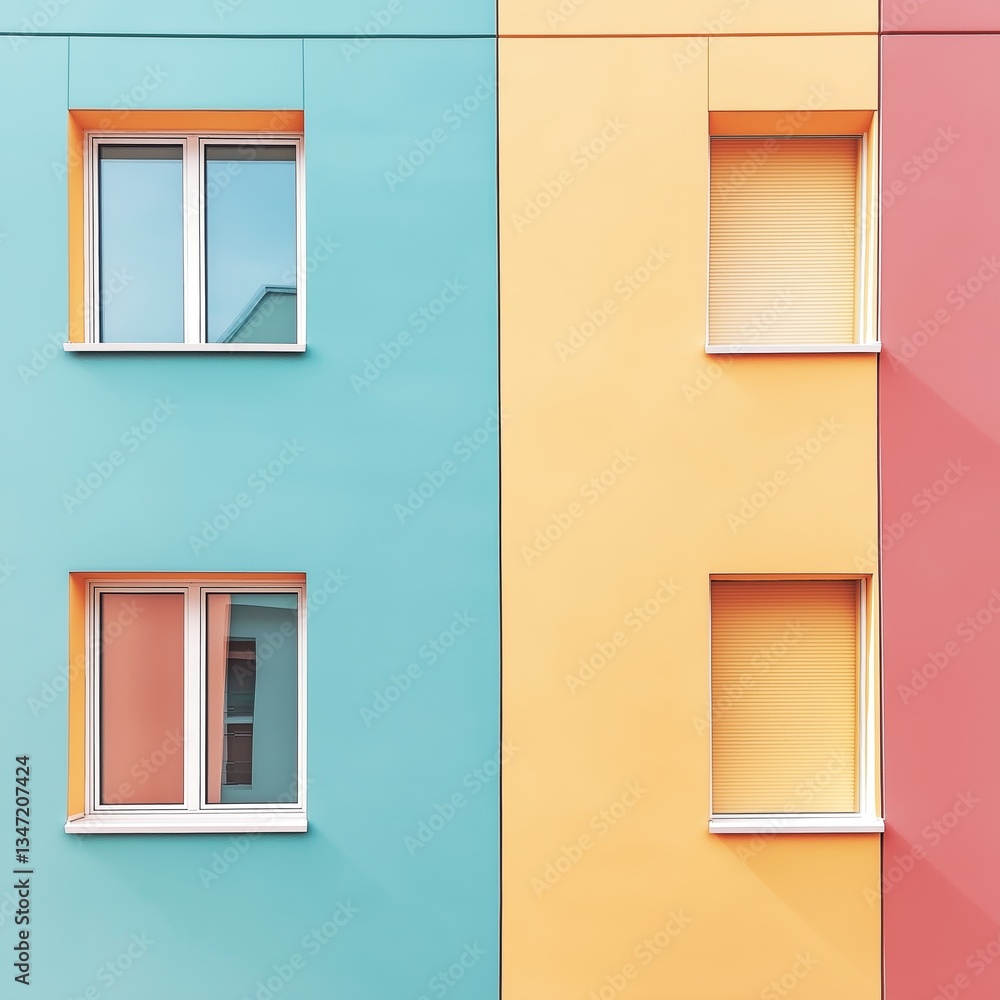 Fototapeta premium A bright and pastel colored building facade featuring contrasting windows, showcasing modern architecture.