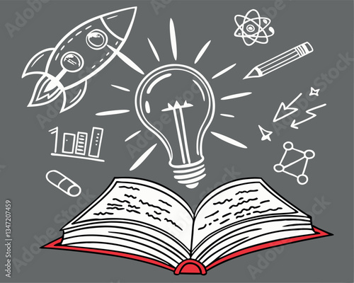 Open book unleashing creative ideas represented by a light bulb, pencil, rocket, planet, and more, symbolizing knowledge and imagination.