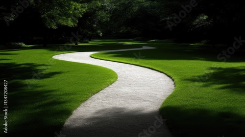 Serene pathway meanders through lush green lawn. Sunlight highlights the winding path