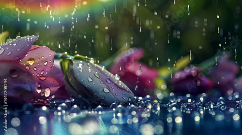 Soft petals, glistening under a gentle rain, lie scattered on a reflective surface, each droplet capturing the light in tiny, sparkling prisms.