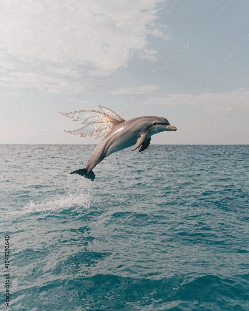 Majestic Dolphin Leaping from the Sea, Magical Creature with Fairy Wings, Fantasy, Ocean Blue Majestic Dolphin Leaping from the Sea, Magical Creature with Fairy Wings, Fantasy, Ocean Blue