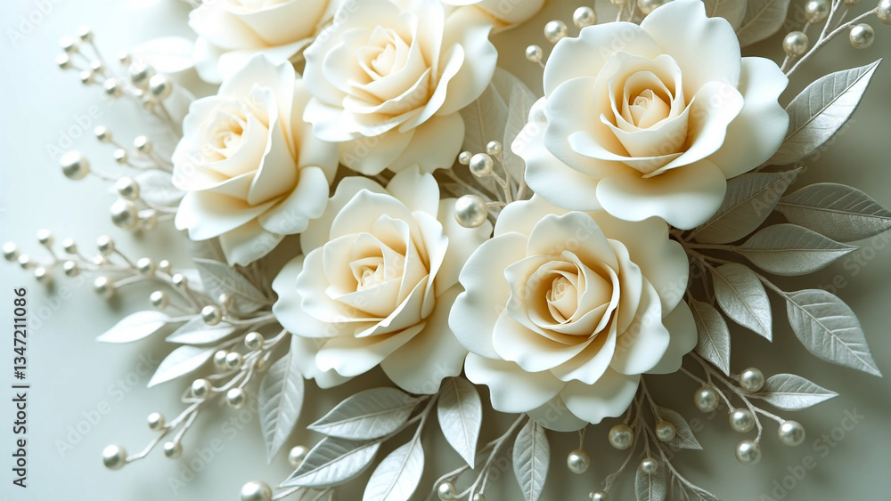 Beautiful White Roses Bouquet with Pearls and Delicate Leaves for Wedding Decor Background Beautiful White Roses Bouquet with Pearls and Delicate Leaves for Wedding Decor Background