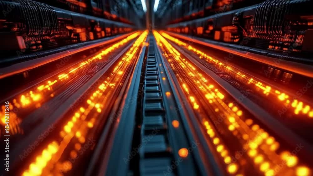 Computer network with lots of cables and lights. Smooth repeating motion for background video animation.