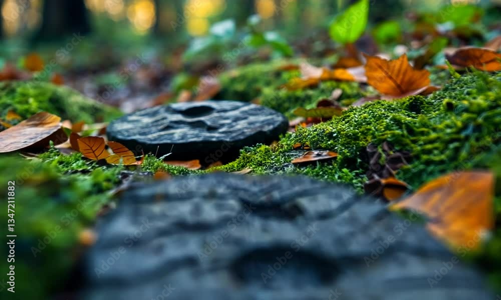 Close-up of tire tracks on a mossy forest floor, surrounded by autumn leaves and soft sunlight Close-up of tire tracks on a mossy forest floor, surrounded by autumn leaves and soft sunlight