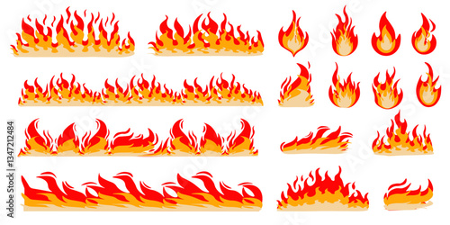 Cartoon fire. Flame of infernal fireballs, red and yellow campfire, hot wildfire and bonfire, burn power. Hellfire, burning icons isolated vector set
