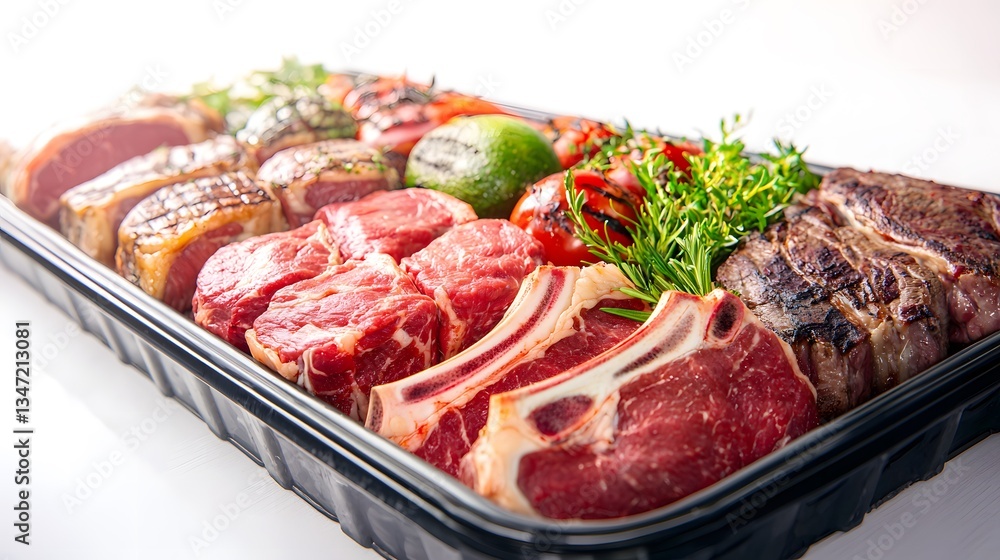 A premium selection of fresh red meat cuts including beef lamb and pork displayed attractively in a black supermarket tray ready for sale showcasing various cuts and herbs. A premium selection of fresh red meat cuts including beef lamb and pork displayed attractively in a black supermarket tray ready for sale showcasing various cuts and herbs.