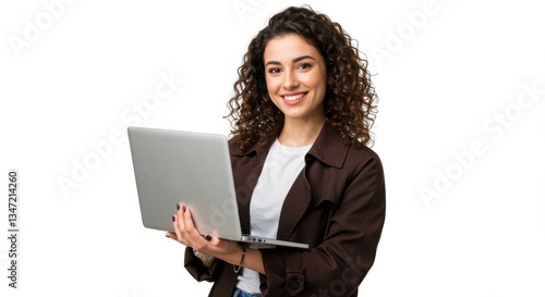 A confident young woman with curly hair smiles while holding a laptop. Dressed in a casual brown jacket, she embodies a blend of professionalism and tech-savviness.