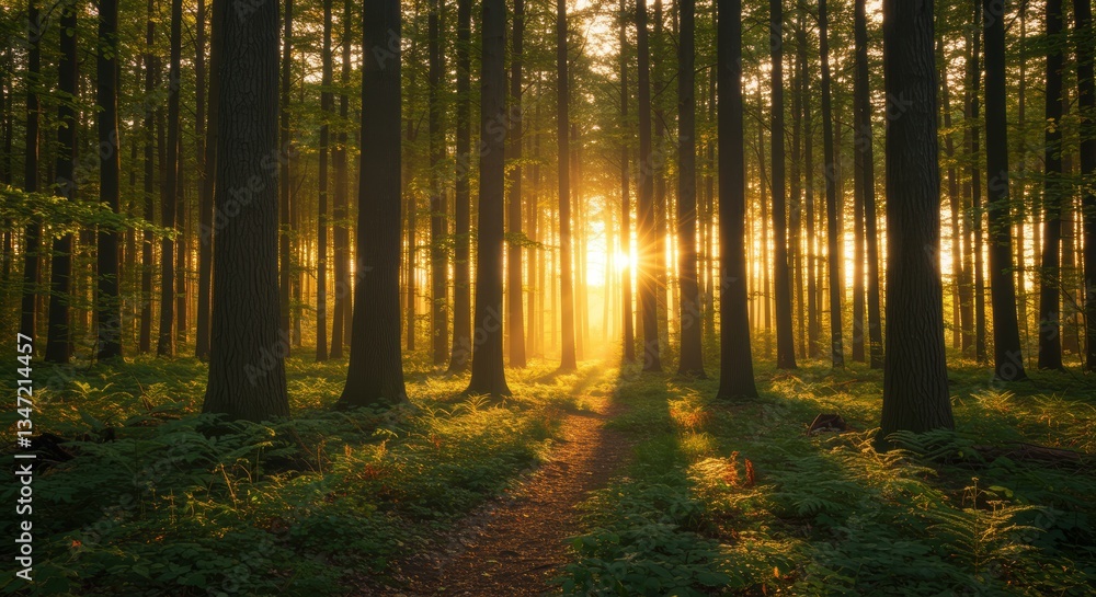 Naklejka premium A serene forest scene bathed in sunlight, with tall trees and lush ferns creating a tranquil pathway. Perfect for nature and wellness themes.
