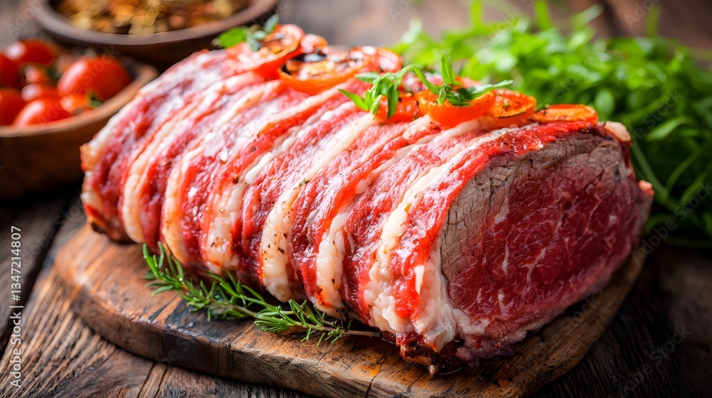 A succulent grass-fed prime rib roast, meticulously prepared with homemade herb seasoning and bacon lardons, rests elegantly on a rustic wooden cutting board, ready to be carved A succulent grass-fed prime rib roast, meticulously prepared with homemade herb seasoning and bacon lardons, rests elegantly on a rustic wooden cutting board, ready to be carved
