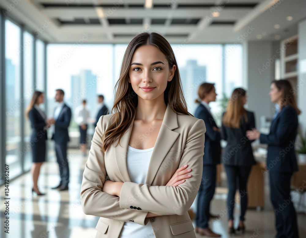 Obraz premium Smiling Businesswoman in Front of Office Building
