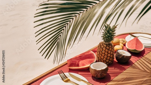 A luxurious beachside picnic with tropical fruits, wine, and a stylish setup, symbolizing a high-end resort experience and beachfront relaxation. Perfect for vacation and leisure themes.