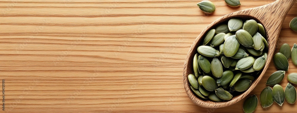 Green pumpkin seeds in a wooden spoon on a light wood surface, showcasing their healthy and natural appeal for culinary use or snacking Green pumpkin seeds in a wooden spoon on a light wood surface, showcasing their healthy and natural appeal for culinary use or snacking