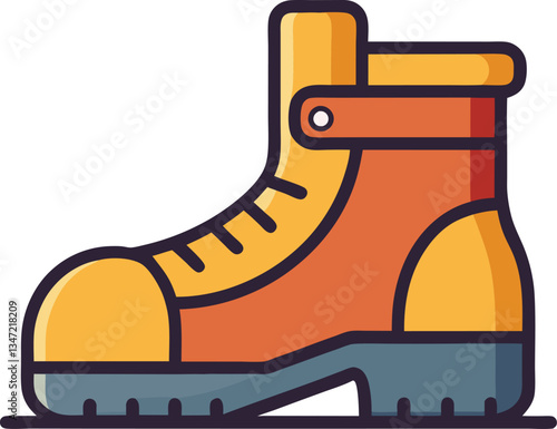 Orange and Yellow Hiking Boot with Strap, Illustration of an orange and yellow hiking boot with a strap and sturdy sole, designed for outdoor adventures.
