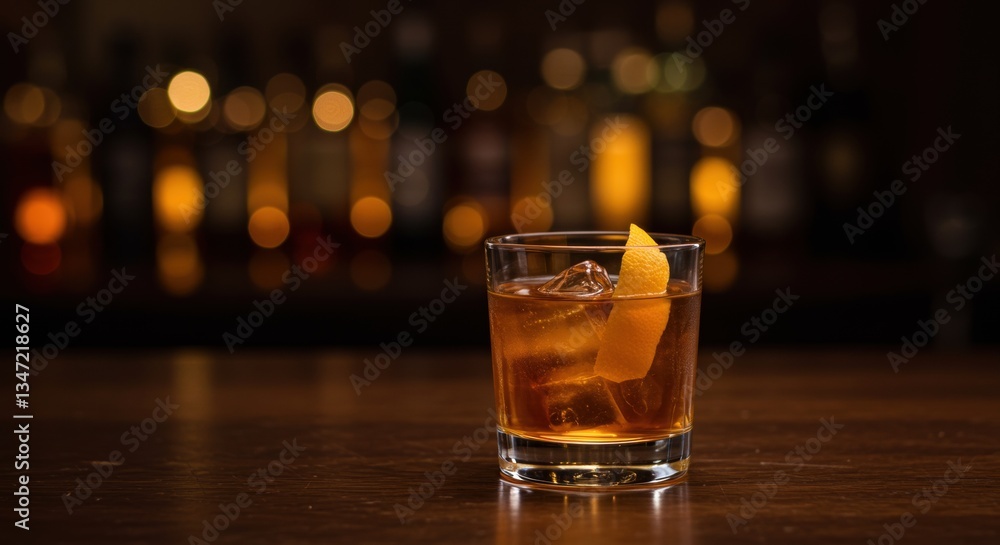A refreshing cocktail in an elegant glass with ice cubes and a twist of lemon peel on top, set against a warm, blurred bar scene, ideal for evening gatherings. A refreshing cocktail in an elegant glass with ice cubes and a twist of lemon peel on top, set against a warm, blurred bar scene, ideal for evening gatherings.