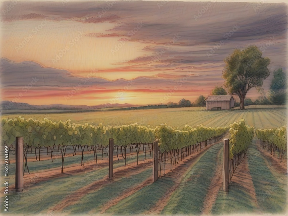 Serene Vineyard at Sunset with Charming Barn Serene Vineyard at Sunset with Charming Barn