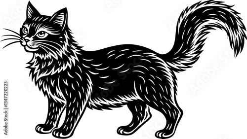 "A side view of Victor the cat with a transparent background. Victor has a playful, charming expression, fluffy fur, and a poised stance. His tail curls gracefully behind him."