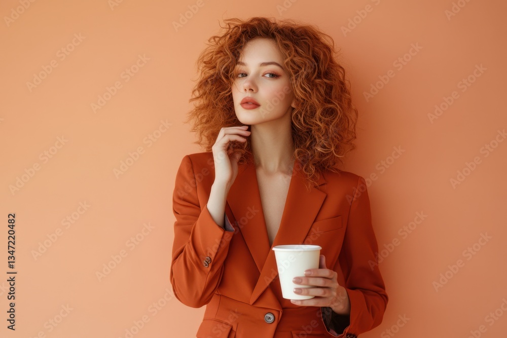 Sophisticated Woman with Coffee: A beautiful woman with fiery red curly hair, elegantly attired in a matching suit, cradles a coffee cup against a soft-toned background. Sophisticated Woman with Coffee: A beautiful woman with fiery red curly hair, elegantly attired in a matching suit, cradles a coffee cup against a soft-toned background.