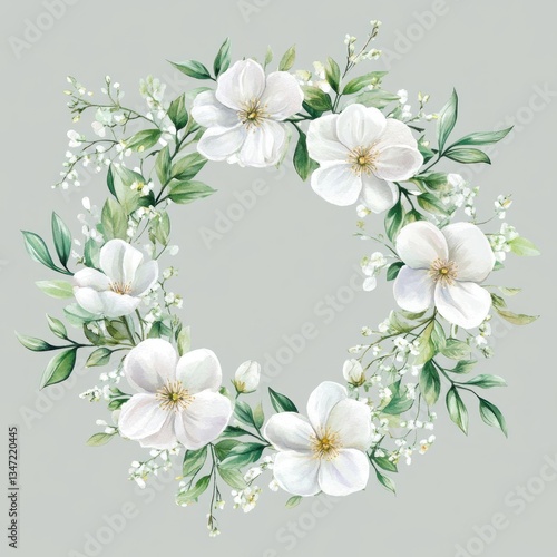 Elegant white floral wreath on a light gray background