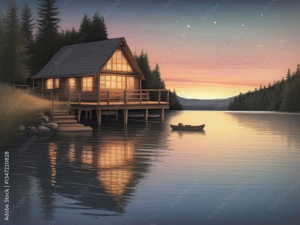 Obraz premium Serene Lakeside Cabin at Dusk