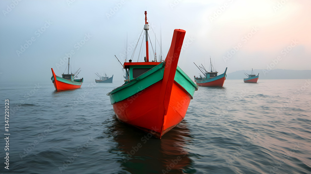 Fototapeta premium Red And Green Fishing Boats At Sea During Sunrise