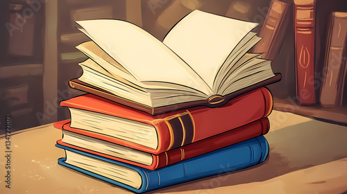 Illustrated Stack of Books on Desk