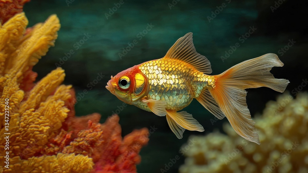 Fototapeta premium Ornate Goldfish Swimming Gracefully in Aquarium, Bright Color and Delicate Fins, Marine Life