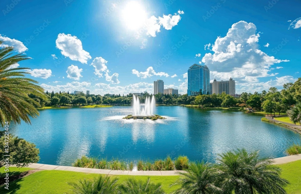 Naklejka premium City park lake with fountain