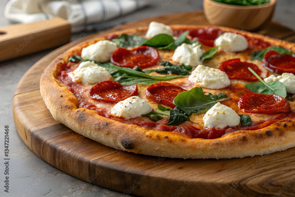 A Close-Up of a Freshly Baked Pizza with Pepperoni and Spinach A Close-Up of a Freshly Baked Pizza with Pepperoni and Spinach